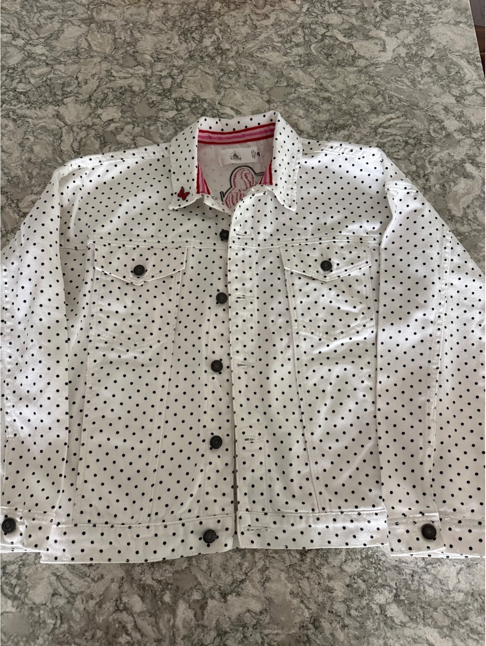Disney Store white denim polka-dot jean jacket featuring Minnie Mouse Small